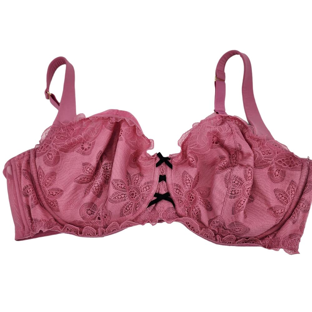 Cacique Pink Floral Lace Print Unlined Underwire Balconette Bra Size 46DDD
